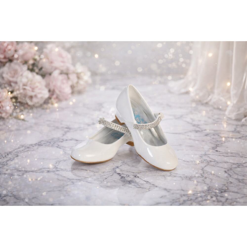 NEW Girl's Communion Dress Shoe - White/Patent 1" Heel Rhinestone Strap-Size 13T
